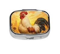 Pill Box 2 Compartment Sunflower Bush Rooster Tablet Box with Mirror Small Pill Organiser for Purse or Pocket Vitamin Organiser