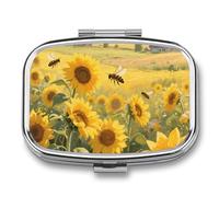 Pill Box 2 Compartment Sunflower Travel Pill Case with Mirror Waterproof Medicine Pills Organizer 2 Times A Day Portable Med Container for Purse & Pocket Rectangle Silver
