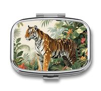 Pill Box 2 Compartment Tiger Botanical Print Travel Pill Case with Mirror Waterproof Medicine Pills Organizer 2 Times A Day Portable Med Container for Purse & Pocket Rectangle Silver