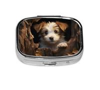 Pill Box 2 Compartment Tree Hole Puppy Tablet Box with Mirror Small Pill Organiser for Purse or Pocket Vitamin Organiser