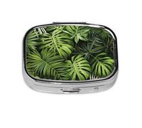 Pill Box 2 Compartment Tropical Green Leafy Plants Tablet Box with Mirror Small Pill Organiser for Purse or Pocket Vitamin Organiser