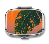 Pill Box 2 Compartment Tropical Palm Leaves Travel Pill Case with Mirror Waterproof Medicine Pills Organizer 2 Times A Day Portable Med Container for Purse & Pocket Rectangle Silver