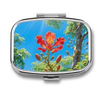 Pill Box 2 Compartment Tropical Plant Flowers Travel Pill Case with Mirror Waterproof Medicine Pills Organizer 2 Times A Day Portable Med Container for Purse & Pocket Rectangle Silver