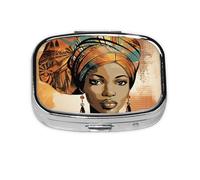 Pill Box 2 Compartment Vintage African Women Print Tablet Box with Mirror Small Pill Organiser for Purse or Pocket Vitamin Organiser