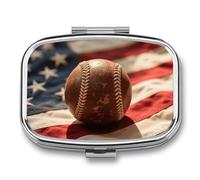 Pill Box 2 Compartment Vintage Baseball On American Flag Travel Pill Case with Mirror Waterproof Medicine Pills Organizer 2 Times A Day Portable Med Container for Purse & Pocket Rectangle Silver