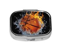 Pill Box 2 Compartment Water and Fire Basketball Tablet Box with Mirror Small Pill Organiser for Purse or Pocket Vitamin Organiser