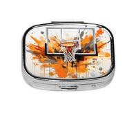 Pill Box 2 Compartment Watercolor Basketball Frame Tablet Box with Mirror Small Pill Organiser for Purse or Pocket Vitamin Organiser