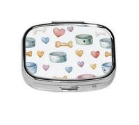 Pill Box 2 Compartment Watercolor Bone Pet Bowl Tablet Box with Mirror Small Pill Organiser for Purse or Pocket Vitamin Organiser