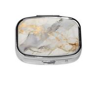 Pill Box 2 Compartment White Marble Gilded Tablet Box with Mirror Small Pill Organiser for Purse or Pocket Vitamin Organiser