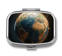 Pill Box 2 Compartment World Map Travel Pill Case with Mirror Waterproof Medicine Pills Organizer 2 Times A Day Portable Med Container for Purse & Pocket Rectangle Silver