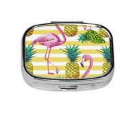 Pill Box 2 Compartment Yellow Striped Pineapple Flamingo Tablet Box with Mirror Small Pill Organiser for Purse or Pocket Vitamin Organiser
