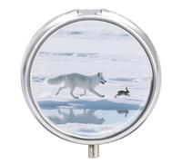Pill Box 3 Compartment Arctic Fox Chases Travel Pill Case with Mirror Waterproof Medicine Pills Organizer 3 Times A Day Portable Med Container for Purse & Pocket Round Silver
