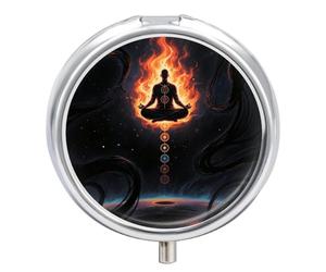 Pill Box 3 Compartment Blacklight Seven Chakra Yoga Meditation Travel Pill Case with Mirror Waterproof Medicine Pills Organizer 3 Times A Day Portable Med Container for Purse & Pocket Round Silver
