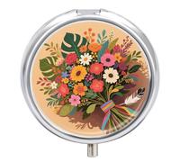 Pill Box 3 Compartment Boho Leaf Floral Travel Pill Case with Mirror Waterproof Medicine Pills Organizer 3 Times A Day Portable Med Container for Purse & Pocket Round Silver