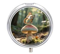 Pill Box 3 Compartment Butterfly Mushroom Travel Pill Case with Mirror Waterproof Medicine Pills Organizer 3 Times A Day Portable Med Container for Purse & Pocket Round Silver
