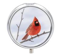 Pill Box 3 Compartment Cardinal Bird Travel Pill Case with Mirror Waterproof Medicine Pills Organizer 3 Times A Day Portable Med Container for Purse & Pocket Round Silver