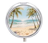 Pill Box 3 Compartment Coconut Tree in Blue Sky Travel Pill Case with Mirror Waterproof Medicine Pills Organizer 3 Times A Day Portable Med Container for Purse & Pocket Round Silver