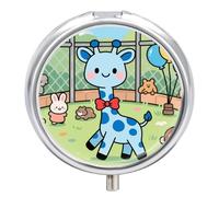 Pill Box 3 Compartment Cute Giraffe Travel Pill Case with Mirror Waterproof Medicine Pills Organizer 3 Times A Day Portable Med Container for Purse & Pocket Round Silver