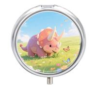 Pill Box 3 Compartment Dinosaur Travel Pill Case with Mirror Waterproof Medicine Pills Organizer 3 Times A Day Portable Med Container for Purse & Pocket Round Silver