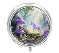 Pill Box 3 Compartment Fantasy Mushroom Forest Travel Pill Case with Mirror Waterproof Medicine Pills Organizer 3 Times A Day Portable Med Container for Purse & Pocket Round Silver