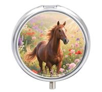 Pill Box 3 Compartment Floral Horse Travel Pill Case with Mirror Waterproof Medicine Pills Organizer 3 Times A Day Portable Med Container for Purse & Pocket Round Silver