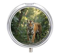 Pill Box 3 Compartment Forest Tiger Travel Pill Case with Mirror Waterproof Medicine Pills Organizer 3 Times A Day Portable Med Container for Purse & Pocket Round Silver