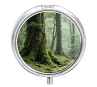 Pill Box 3 Compartment Green Nature Travel Pill Case with Mirror Waterproof Medicine Pills Organizer 3 Times A Day Portable Med Container for Purse & Pocket Round Silver