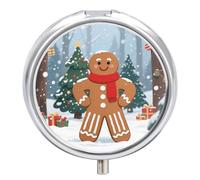 Pill Box 3 Compartment Happy Gingerbread Man Travel Pill Case with Mirror Waterproof Medicine Pills Organizer 3 Times A Day Portable Med Container for Purse & Pocket Round Silver