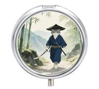 Pill Box 3 Compartment Japanese Samurai Cat Travel Pill Case with Mirror Waterproof Medicine Pills Organizer 3 Times A Day Portable Med Container for Purse & Pocket Round Silver