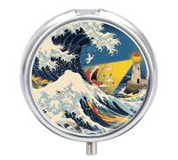 Pill Box 3 Compartment Japanese The Great Wave Off Kanagawa Travel Pill Case with Mirror Waterproof Medicine Pills Organizer 3 Times A Day Portable Med Container for Purse & Pocket Round Silver