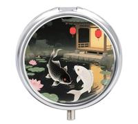Pill Box 3 Compartment Japanese Yin Yang Koi Fish Travel Pill Case with Mirror Waterproof Medicine Pills Organizer 3 Times A Day Portable Med Container for Purse & Pocket Round Silver
