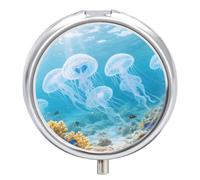Pill Box 3 Compartment Jellyfish Travel Pill Case with Mirror Waterproof Medicine Pills Organizer 3 Times A Day Portable Med Container for Purse & Pocket Round Silver