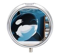 Pill Box 3 Compartment Killer Whales Orca Travel Pill Case with Mirror Waterproof Medicine Pills Organizer 3 Times A Day Portable Med Container for Purse & Pocket Round Silver