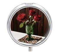 Pill Box 3 Compartment Leopard Red Roses Travel Pill Case with Mirror Waterproof Medicine Pills Organizer 3 Times A Day Portable Med Container for Purse & Pocket Round Silver