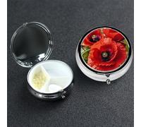 Pill Box 3 Compartment Medicine Case for Pocket or Purse Mini Metal Pills Holder Beautiful Red Poppy Flower Pill Case Vitamin Organizer Portable Travel Pills Container to Hold Supplements Vitamins
