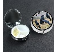 Pill Box 3 Compartment Medicine Case for Pocket or Purse Mini Metal Pills Holder Crow Birds Pill Case Vitamin Organizer Portable Travel Pills Container to Hold Supplements Vitamins