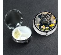 Pill Box 3 Compartment Medicine Case for Pocket or Purse Mini Metal Pills Holder Cute Black Pug Dog Pill Case Vitamin Organizer Portable Travel Pills Container to Hold Supplements Vitamins