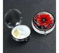 Pill Box 3 Compartment Medicine Case for Pocket or Purse Mini Metal Pills Holder Dancing Red Flower Pill Case Vitamin Organizer Portable Travel Pills Container to Hold Supplements Vitamins