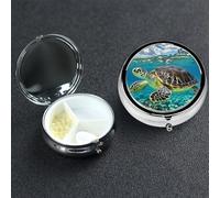Pill Box 3 Compartment Medicine Case for Pocket or Purse Mini Metal Pills Holder Hawaiian Tapa Honu Turtle Pill Case Vitamin Organizer Portable Travel Pills Container to Hold Supplements Vitamins