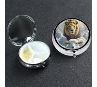 Pill Box 3 Compartment Medicine Case for Pocket or Purse Mini Metal Pills Holder Lamb with A Lion Clouds Pill Case Vitamin Organizer Portable Travel Pills Container to Hold Supplements Vitamins