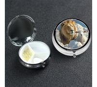 Pill Box 3 Compartment Medicine Case for Pocket or Purse Mini Metal Pills Holder Lamb with A Lion Clouds Pill Case Vitamin Organizer Portable Travel Pills Container to Hold Supplements Vitamins