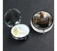 Pill Box 3 Compartment Medicine Case for Pocket or Purse Mini Metal Pills Holder Old Viking Boat Pill Case Vitamin Organizer Portable Travel Pills Container to Hold Supplements Vitamins