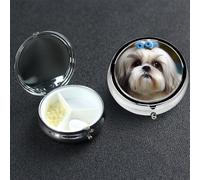 Pill Box 3 Compartment Medicine Case for Pocket or Purse Mini Metal Pills Holder Shih Tzu Dog Pill Case Vitamin Organizer Portable Travel Pills Container to Hold Supplements Vitamins