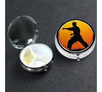 Pill Box 3 Compartment Medicine Case for Pocket or Purse Mini Metal Pills Holder Sun Karate Silhouette Pill Case Vitamin Organizer Portable Travel Pills Container to Hold Supplements Vitamins