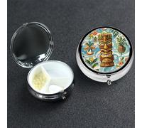 Pill Box 3 Compartment Medicine Case for Pocket or Purse Mini Metal Pills Holder Vintage Aloha Tiki Pattern Pill Case Vitamin Organizer Portable Travel Pills Container to Hold Supplements Vitamins