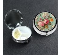 Pill Box 3 Compartment Medicine Case for Pocket or Purse Mini Metal Pills Holder Vintage Floral Flowers Pill Case Vitamin Organizer Portable Travel Pills Container to Hold Supplements Vitamins