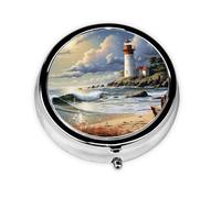 Pill Box 3 Compartment Medicine Pill Organizer Sea Lighthouse Sandbeach Round Pill Case for Purse & Pocket Travel Pillbox Portable Metal Medicine Vitamin Fish Oil Organizer Unique Gift