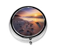 Pill Box 3 Compartment Medicine Pill Organizer Sun Rise On The Beach Round Pill Case for Purse & Pocket Travel Pillbox Portable Metal Medicine Vitamin Fish Oil Organizer Unique Gift