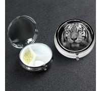 Pill Box 3 Compartment Metal Medicine Pills Organizer Black and White Tiger Pill Case for Purse or Pocket Mini Portable Travel Pills Holder to Hold Supplements Vitamins Fish Oil