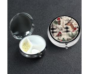 Pill Box 3 Compartment Metal Medicine Pills Organizer Buffalo Plaid Woodland Christmas Pill Case for Purse or Pocket Mini Portable Travel Pills Holder to Hold Supplements Vitamins Fish Oil